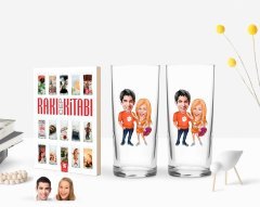 Kişiye Özel Renkli Baskılı Sevgililer Karikatürlü İkili Rakı Bardağı ve Rakı Cep Kitabı Hediye Seti-54