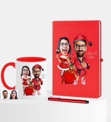 Kişiye Özel Yılbaşı Temalı Sevgililer Karikatürlü Kırmızı Defter Kalem Kupa Seti - 5