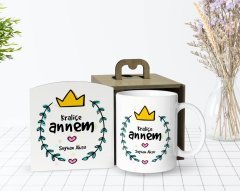 Kişiye Özel Ahşap Kutuda Anneler Günü Temalı Kraliçe Annem Tasarımlı Beyaz Kupa Bardak-1