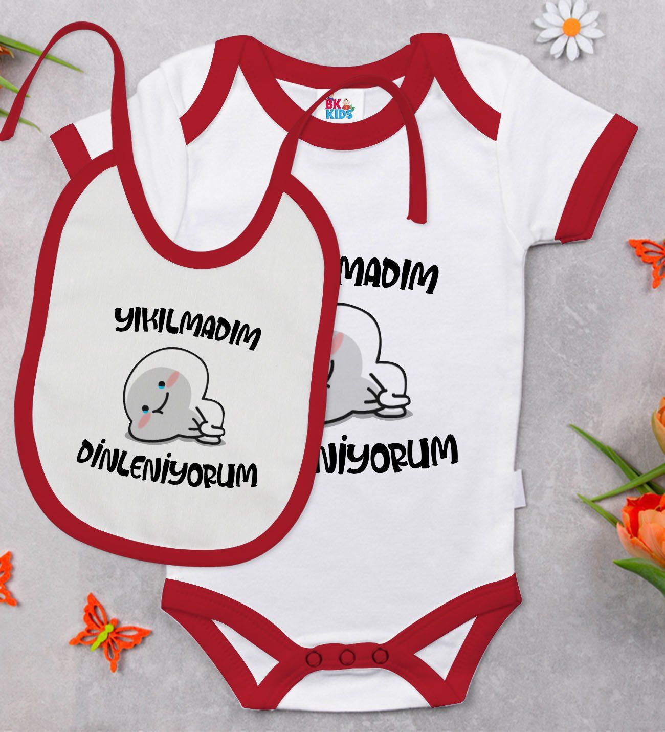 BK Kids Yıkılmadım Dinleniyorum Tasarımlı Kırmızı Bebek Body Zıbın ve Mama Önlüğü Hediye Seti-1