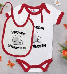 BK Kids Yıkılmadım Dinleniyorum Tasarımlı Kırmızı Bebek Body Zıbın ve Mama Önlüğü Hediye Seti-1