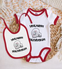 BK Kids Yıkılmadım Dinleniyorum Tasarımlı Kırmızı Bebek Body Zıbın ve Mama Önlüğü Hediye Seti-1
