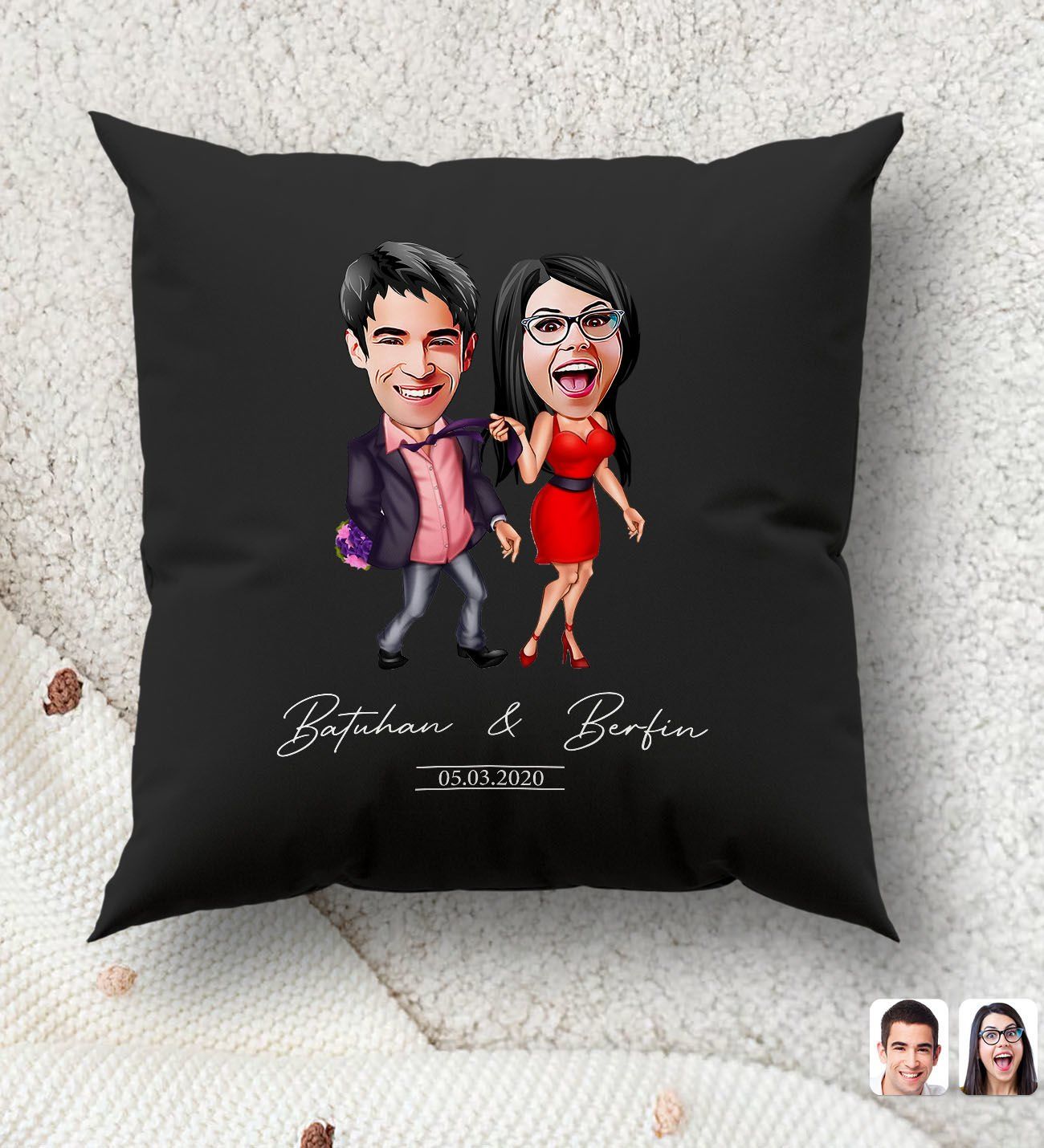 BK Gift Kişiye Özel Sevgililer Karikatürlü Premium Kumaş Siyah Kırlent Yastık, Ev Hediyesi, Ev Dekorasyonu, Kişiselleştirilmiş Yastık, Dekoratif Hediye-4