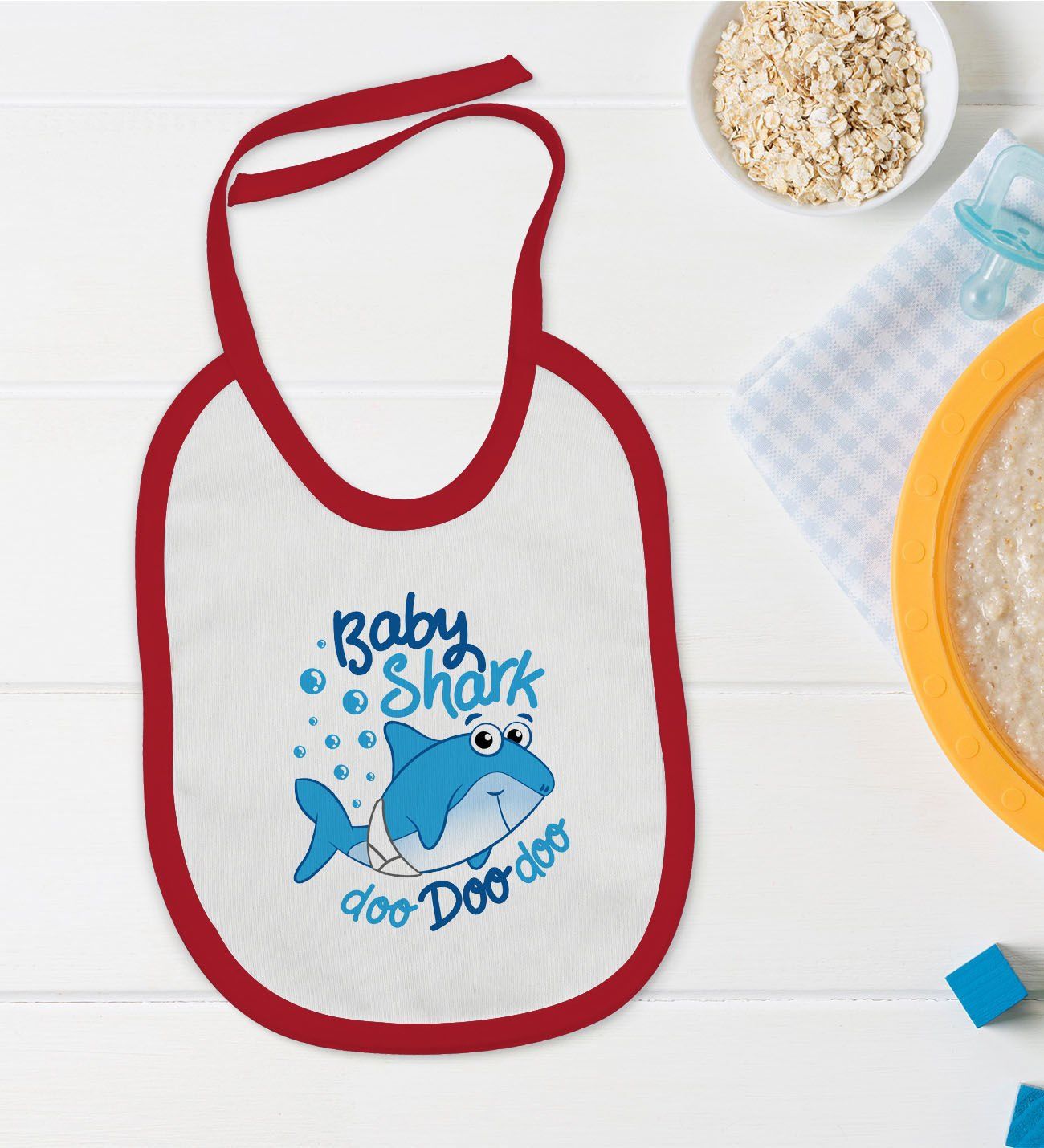 BK Kids Baby Shark Tasarımlı Kırmızı Bebek Mama Önlüğü-1
