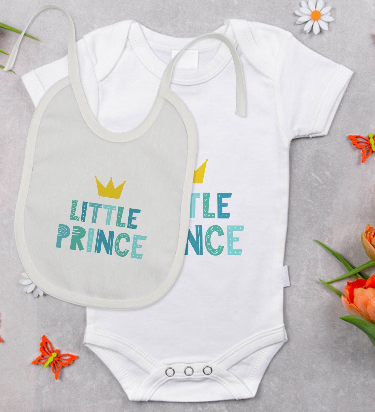 BK Kids Little Prince Tasarımlı Bebek Body Zıbın ve Mama Önlüğü Hediye Seti - Model 1