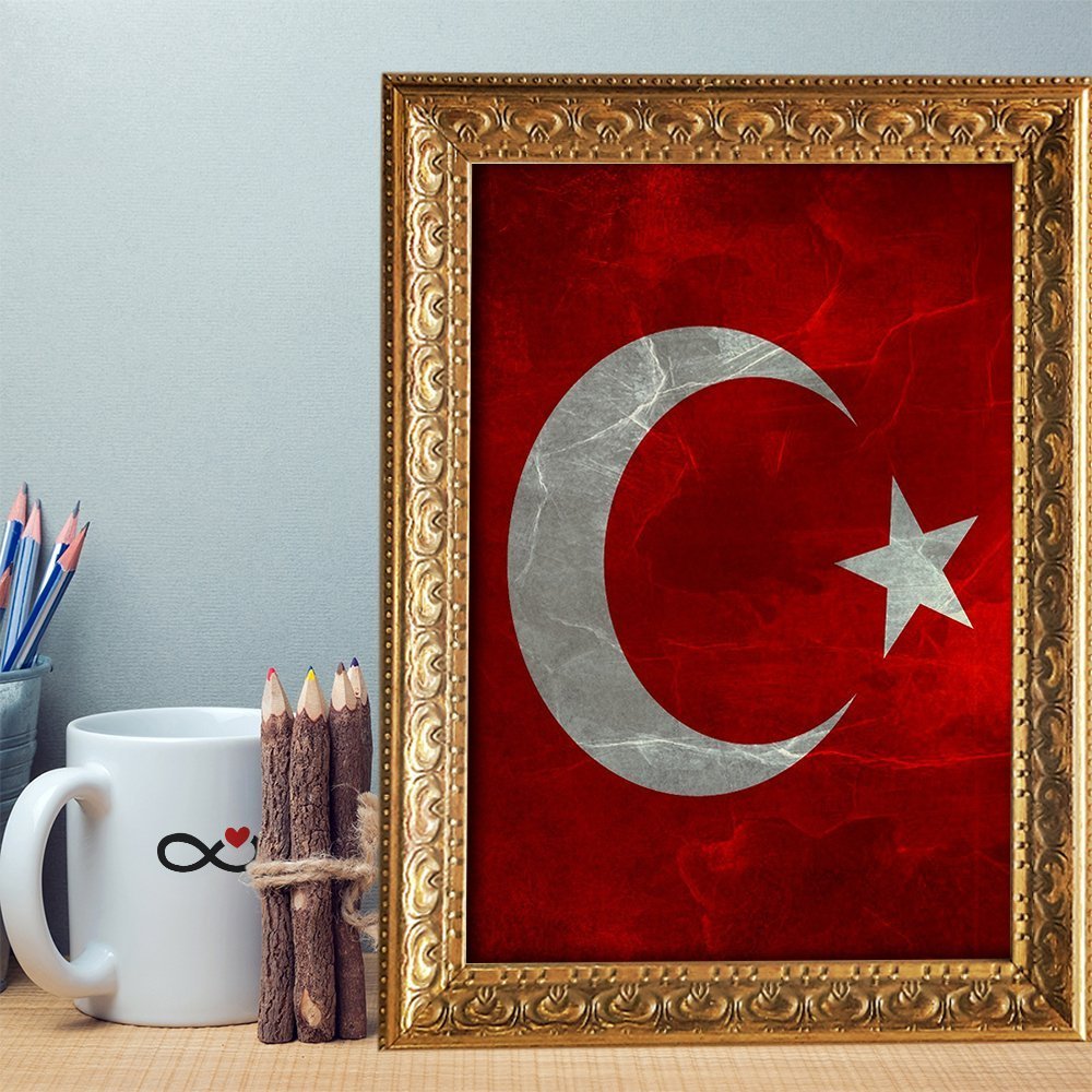 Altın Yaldız Çerçeveli A4 Türk Bayrağı Tablosu
