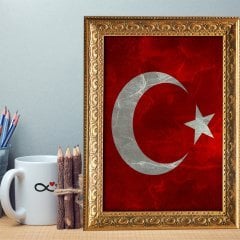 Altın Yaldız Çerçeveli A4 Türk Bayrağı Tablosu