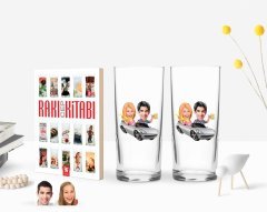 Kişiye Özel Renkli Baskılı Sevgililer Karikatürlü İkili Rakı Bardağı ve Rakı Cep Kitabı Hediye Seti-53