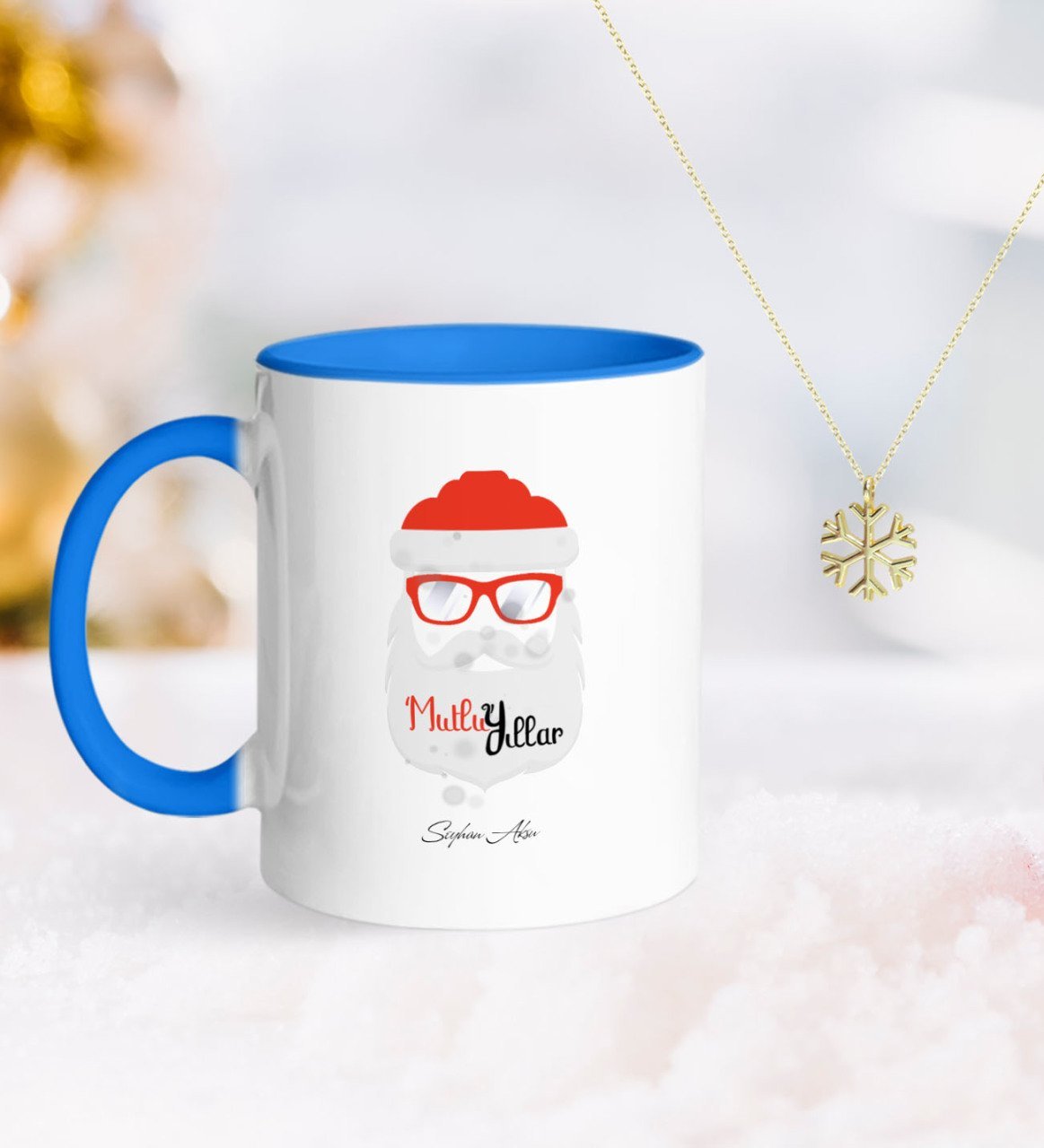 Kişiye Özel Noel Baba Mavi Kupa ve Kar Tanesi Kolye-2