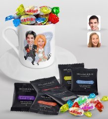 Kişiye Özel Sevgililer Karikatürlü Türk Kahvesi Fincanı Selamlique Karışık Türk Kahvesi ve Haribo Şeker Hediye Seti-15