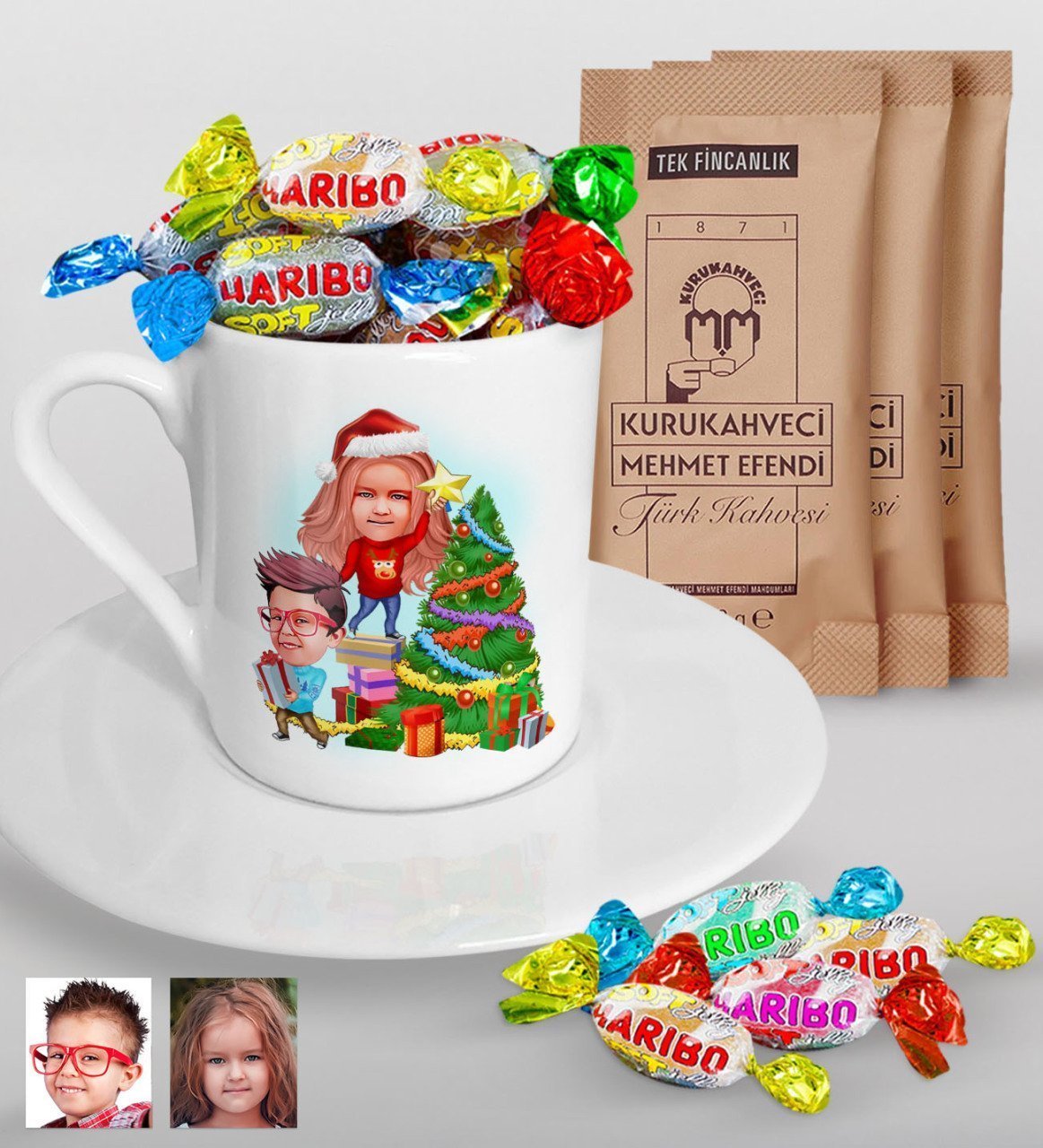 Kişiye Özel Yeni Yıl Kız Kardeş ve Erkek Kardeş Karikatürlü Türk Kahvesi Fincanı Mehmet Efendi Kahve ve Haribo Şeker Hediye Seti-1
