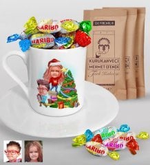 Kişiye Özel Yeni Yıl Kız Kardeş ve Erkek Kardeş Karikatürlü Türk Kahvesi Fincanı Mehmet Efendi Kahve ve Haribo Şeker Hediye Seti-1