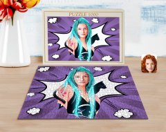 Kişiye Özel Kedili Kız Karikatürlü 1000 Parça Profesyonel Puzzle-1