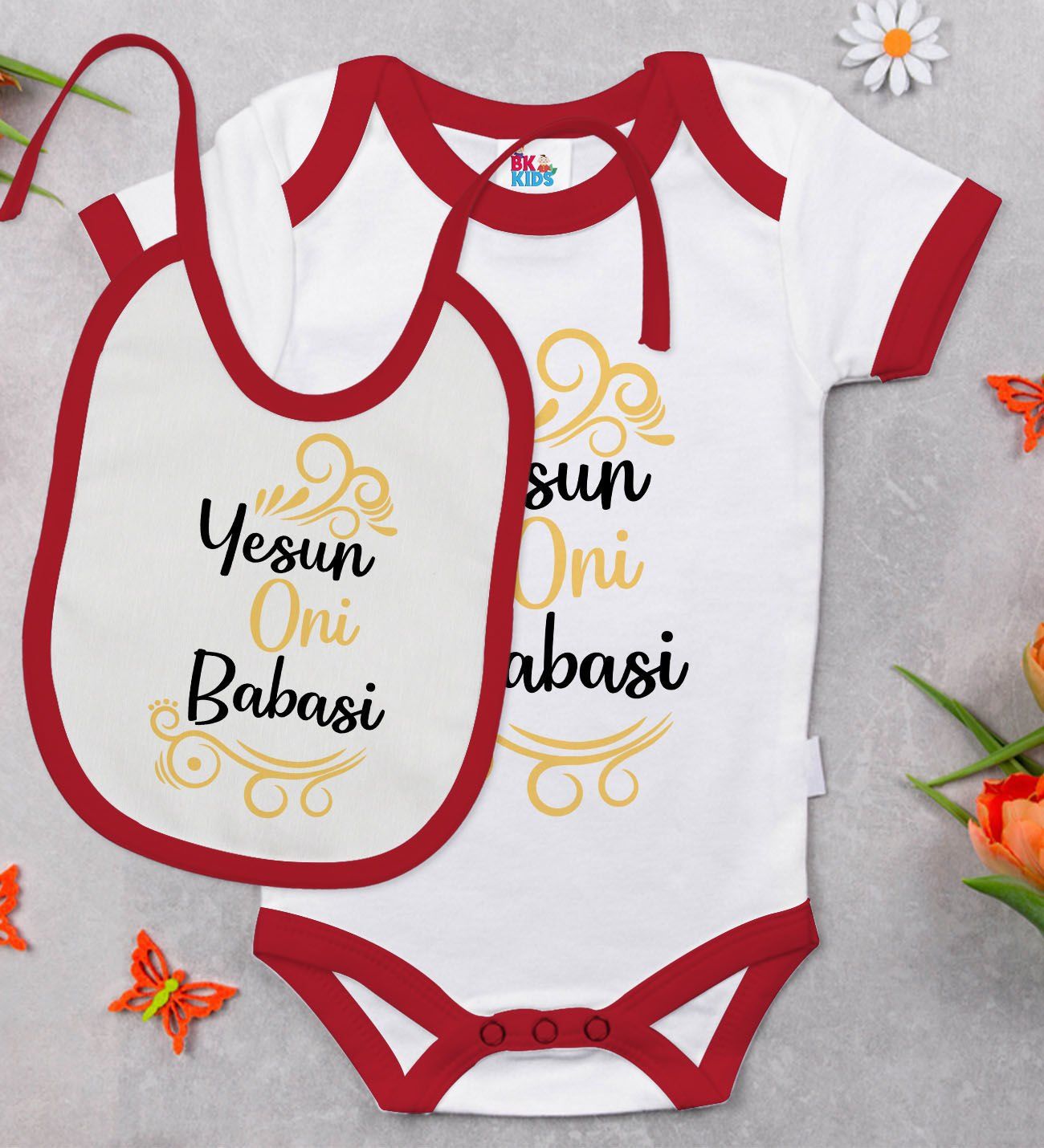 BK Kids Yesun Oni Babasi Tasarımlı Kırmızı Bebek Body Zıbın ve Mama Önlüğü Hediye Seti-1