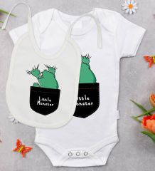 BK Kids Little Monster Tasarımlı Bebek Body Zıbın ve Mama Önlüğü Hediye Seti - Model 1