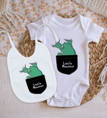 BK Kids Little Monster Tasarımlı Bebek Body Zıbın ve Mama Önlüğü Hediye Seti - Model 1