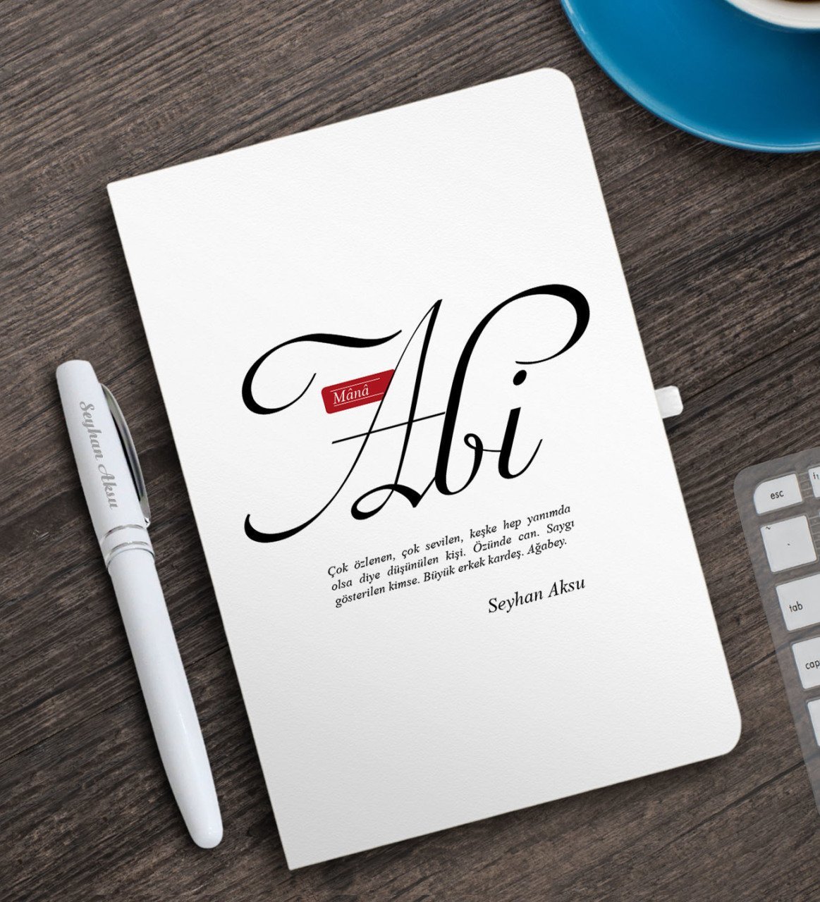 Kişiye Özel Mânâ Abi Beyaz Defter ve Kalem Hediye Seti