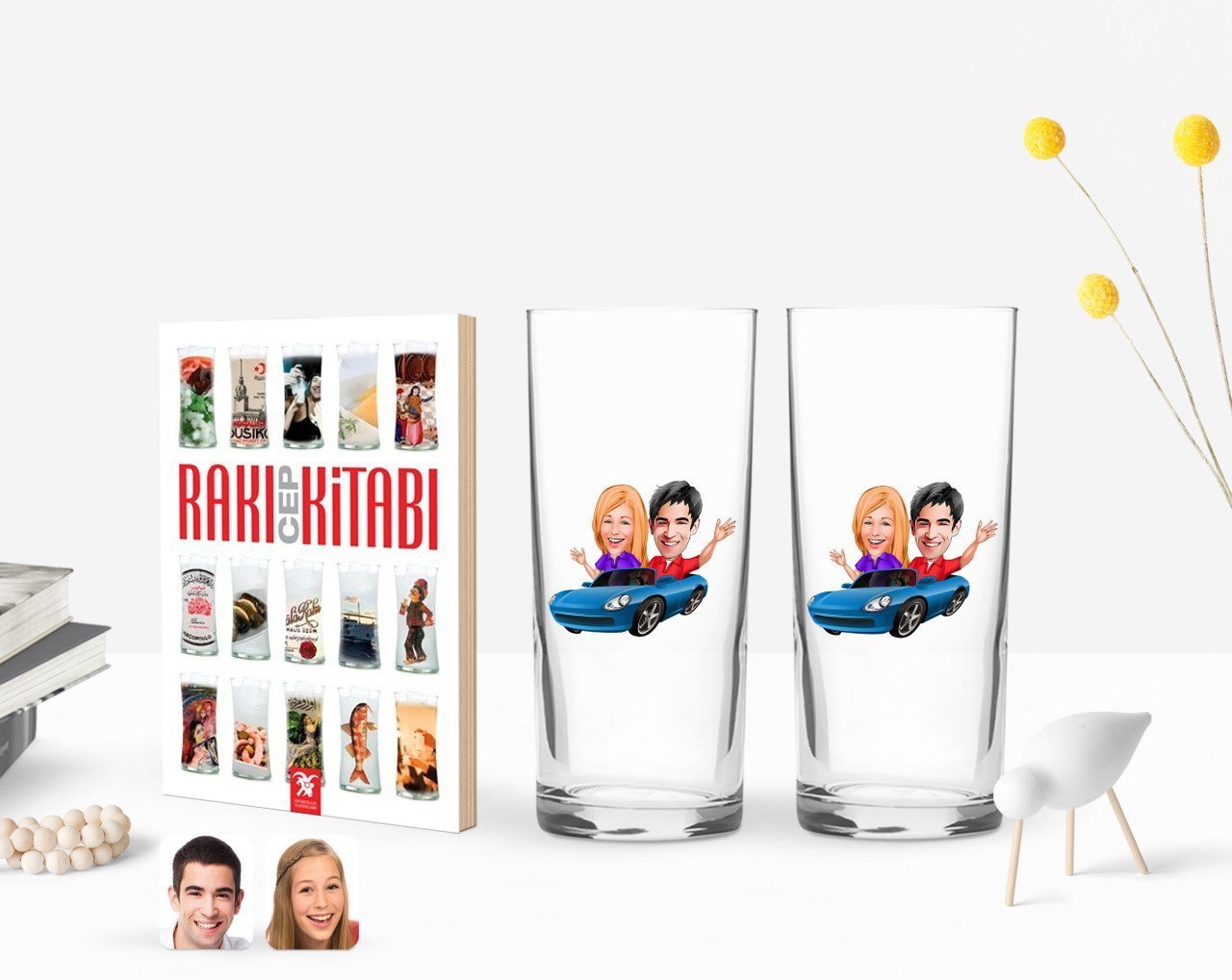 Kişiye Özel Renkli Baskılı Sevgililer Karikatürlü İkili Rakı Bardağı ve Rakı Cep Kitabı Hediye Seti-52