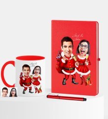 Kişiye Özel Yılbaşı Temalı Sevgililer Karikatürlü Kırmızı Defter Kalem Kupa Seti - 3