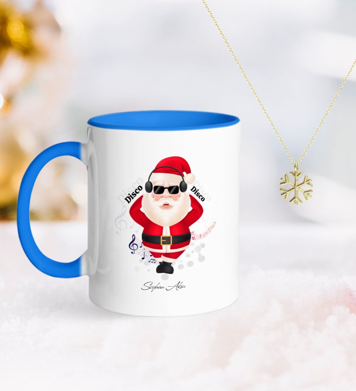 Kişiye Özel Noel Baba Mavi Kupa ve Kar Tanesi Kolye-1