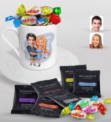Kişiye Özel Sevgililer Karikatürlü Türk Kahvesi Fincanı Selamlique Karışık Türk Kahvesi ve Haribo Şeker Hediye Seti-14