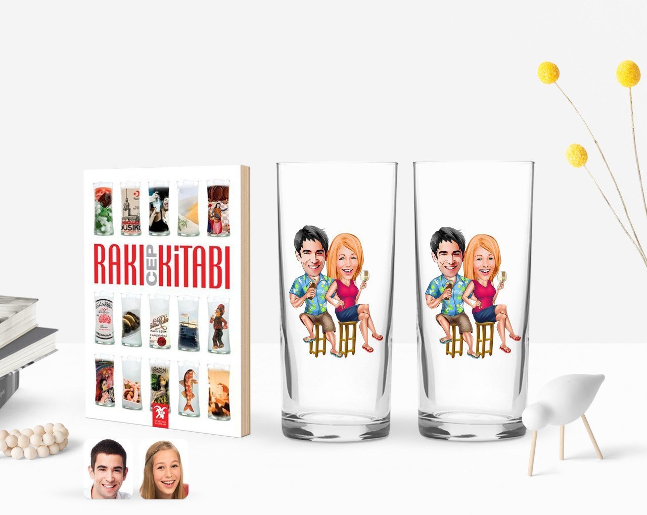 Kişiye Özel Renkli Baskılı Sevgililer Karikatürlü İkili Rakı Bardağı ve Rakı Cep Kitabı Hediye Seti-51