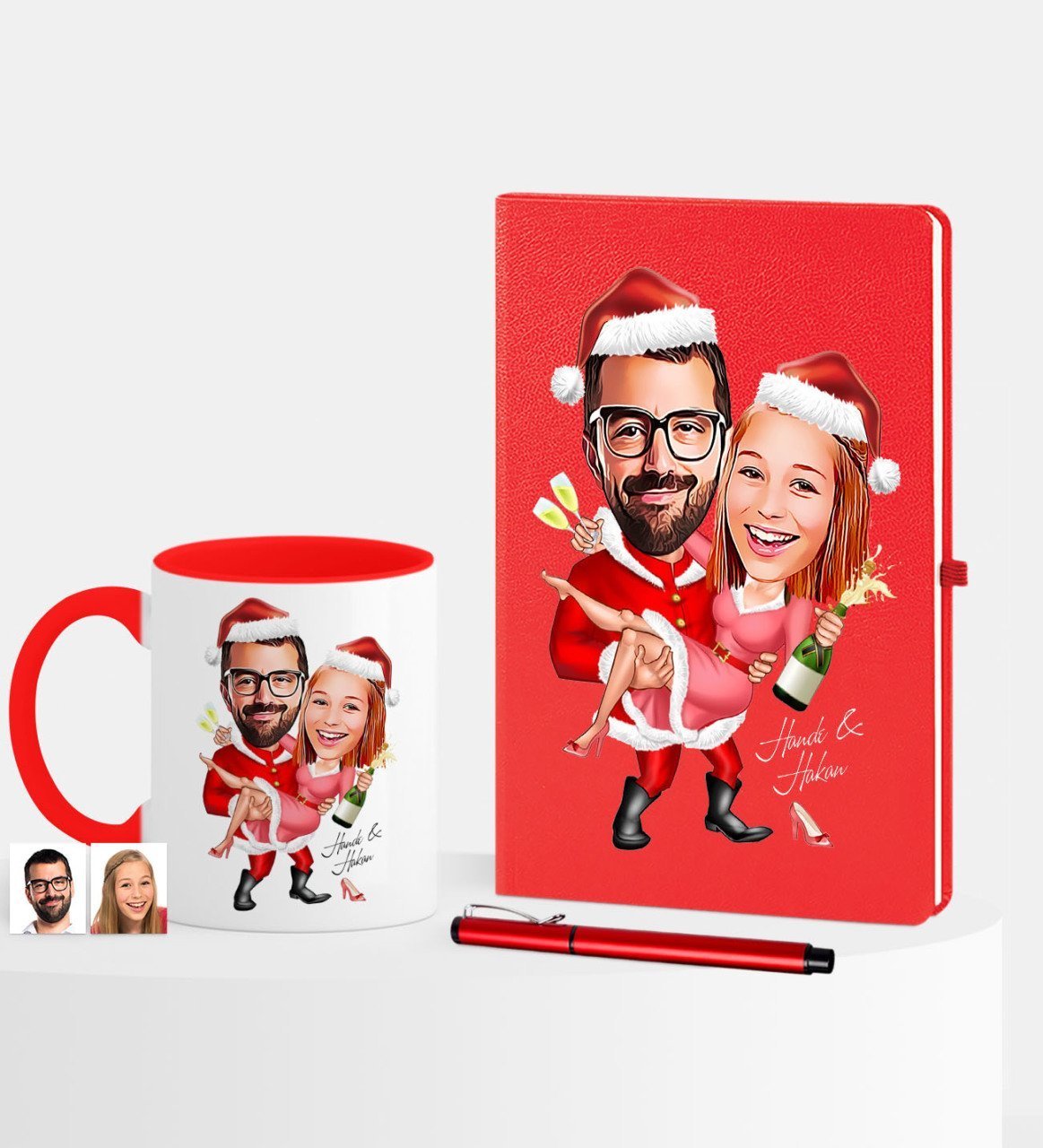 Kişiye Özel Yılbaşı Temalı Sevgililer Karikatürlü Kırmızı Defter Kalem Kupa Seti - 2