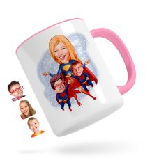 Kişiye Özel Süper Anne ve Süper Çocuklar Karikatürlü Pembe Kupa Bardak
