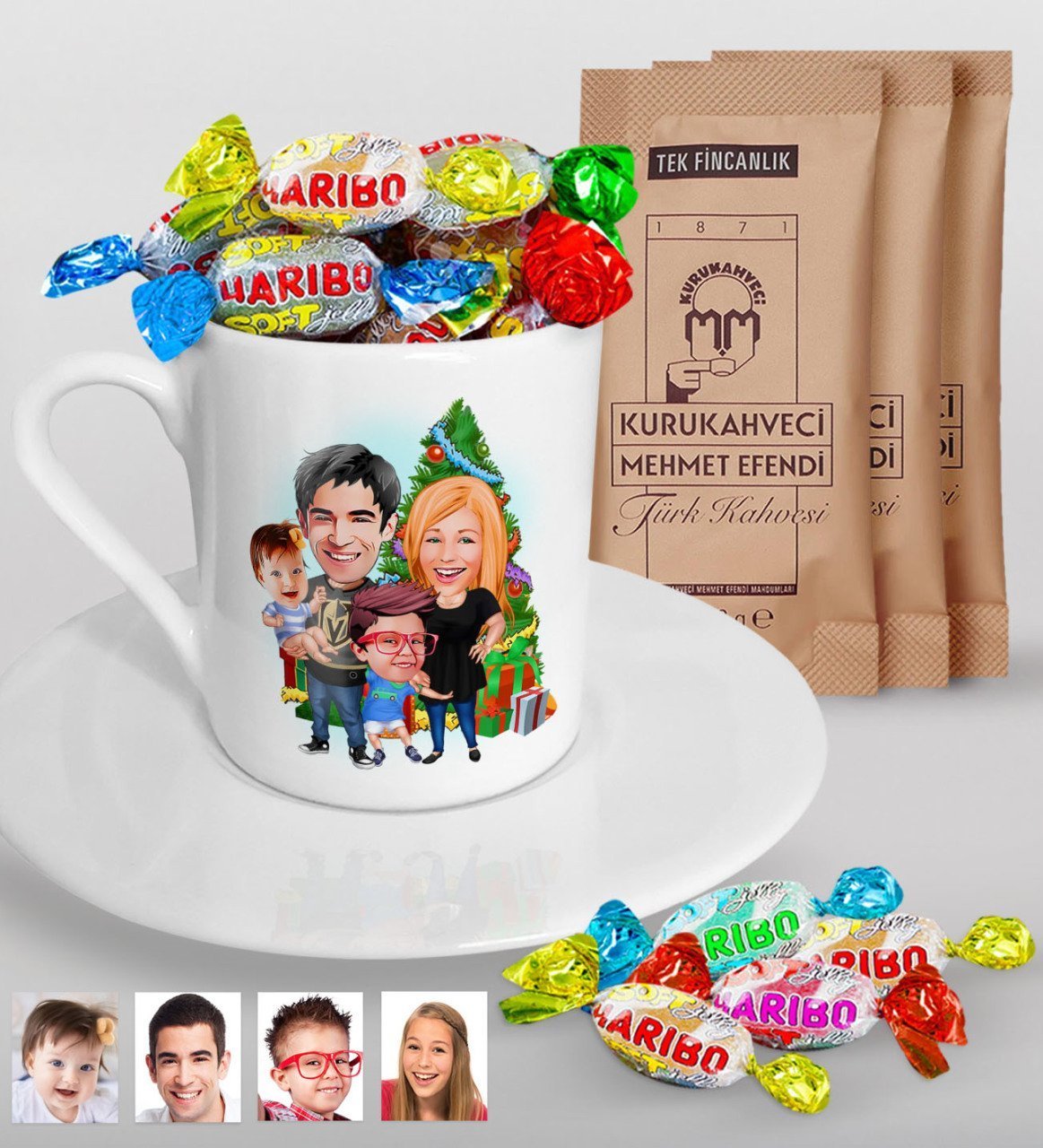 Kişiye Özel Yeni Yıl Aile Karikatürlü Türk Kahvesi Fincanı Mehmet Efendi Kahve ve Haribo Şeker Hediye Seti-5