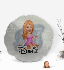 Kişiye Özel İsimli Kadın Patron Karikatürlü Yuvarlak Dekoratif Kırlent Yastık-7