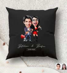 BK Gift Kişiye Özel Sevgililer Karikatürlü Premium Kumaş Siyah Kırlent Yastık, Ev Hediyesi, Ev Dekorasyonu, Kişiselleştirilmiş Yastık, Dekoratif Hediye-1