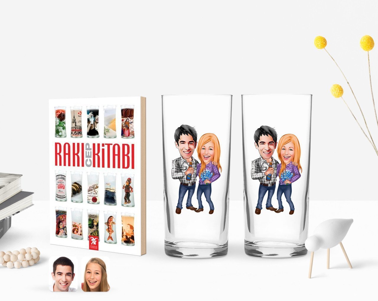 Kişiye Özel Renkli Baskılı Sevgililer Karikatürlü İkili Rakı Bardağı ve Rakı Cep Kitabı Hediye Seti-50