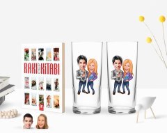 Kişiye Özel Renkli Baskılı Sevgililer Karikatürlü İkili Rakı Bardağı ve Rakı Cep Kitabı Hediye Seti-50