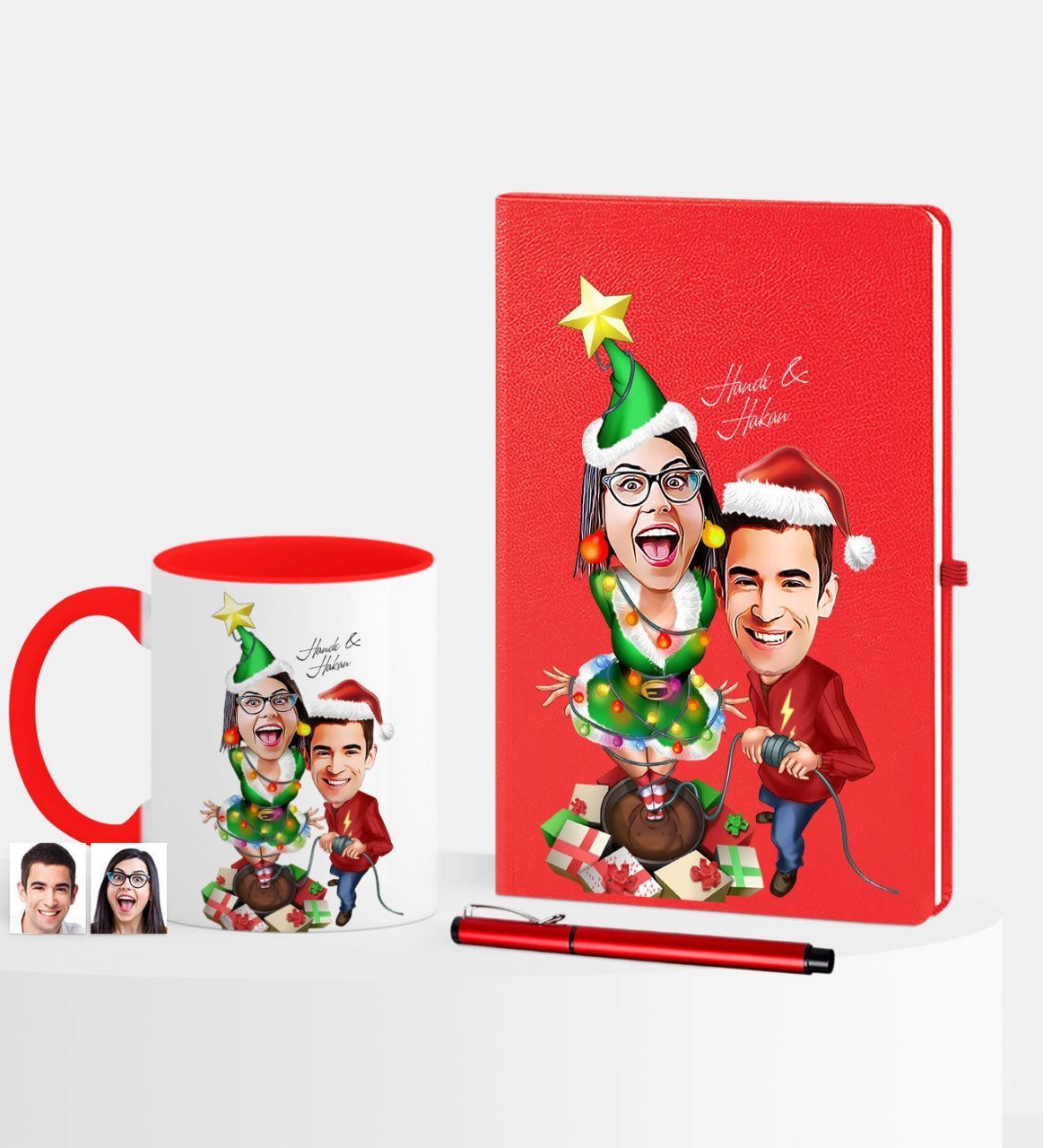 Kişiye Özel Yılbaşı Temalı Sevgililer Karikatürlü Kırmızı Defter Kalem Kupa Seti - 1