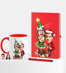 Kişiye Özel Yılbaşı Temalı Sevgililer Karikatürlü Kırmızı Defter Kalem Kupa Seti - 1