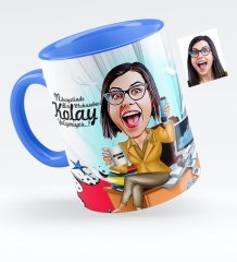 Kişiye Özel Bayan Muhasebeci Karikatürlü Mavi Kupa Bardak - 1