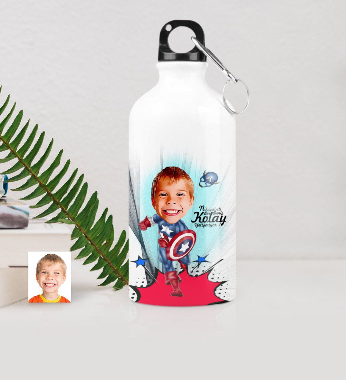 Kişiye Özel Erkek Çocuk Kaptan Amerika Karikatürlü Metal Suluk (500 ml.) 1
