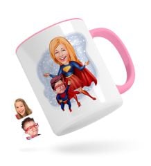 Kişiye Özel Süper Anne ve Çocuk Karikatürlü Pembe Kupa Bardak