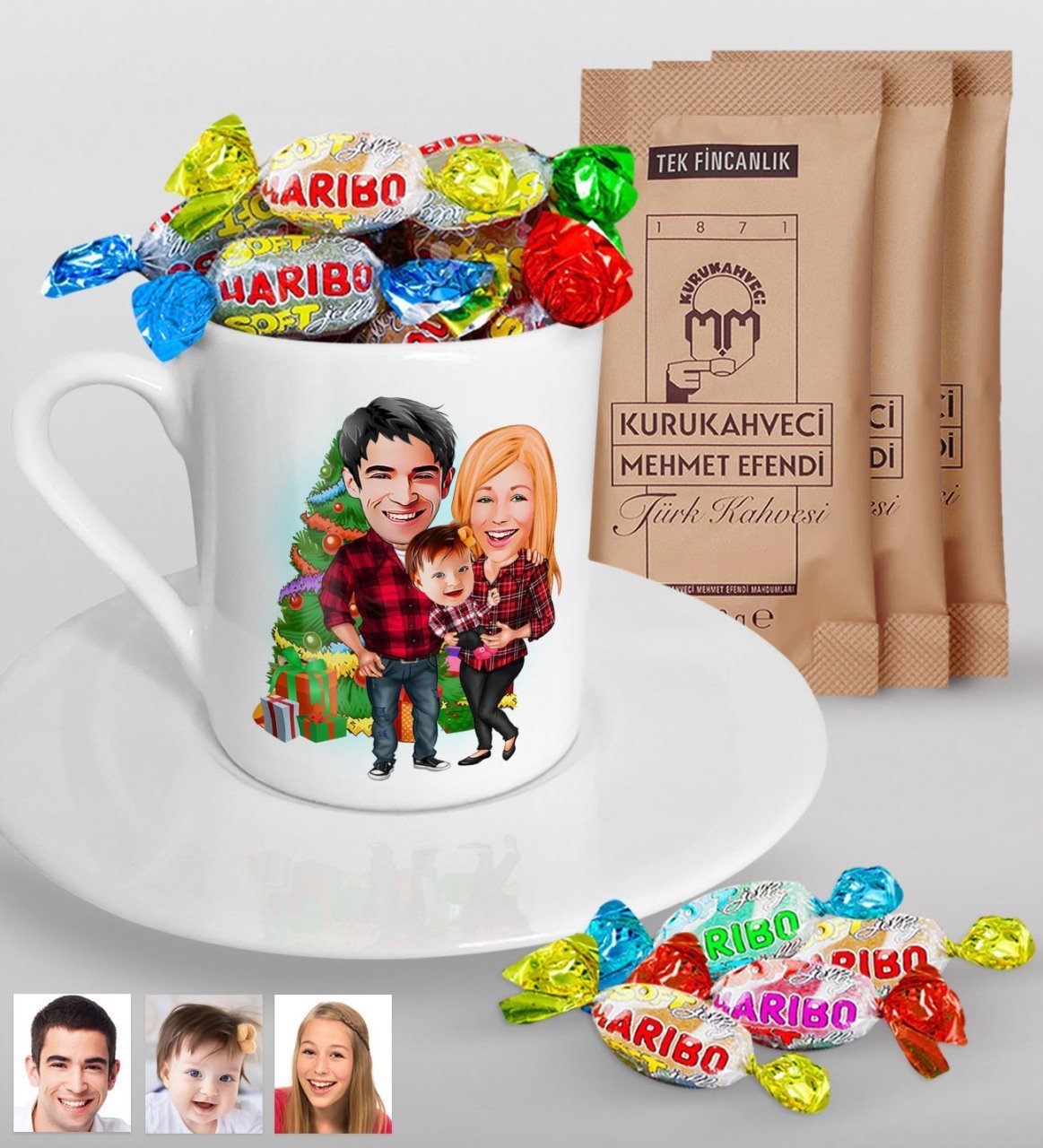 Kişiye Özel Yeni Yıl Aile Karikatürlü Türk Kahvesi Fincanı Mehmet Efendi Kahve ve Haribo Şeker Hediye Seti-4