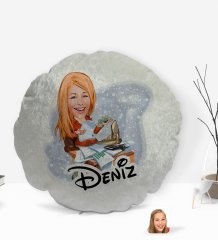 Kişiye Özel İsimli Kadın Patron Karikatürlü Yuvarlak Dekoratif Kırlent Yastık-6