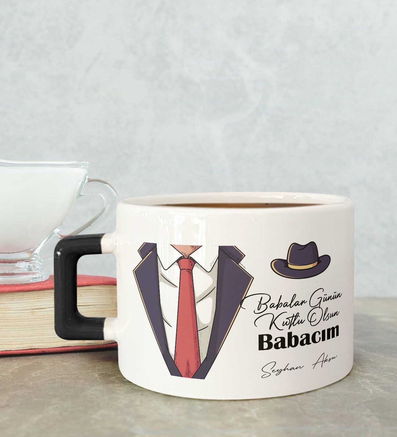 BK Gift Kişiye Özel Babalar Günü Tasarımlı Siyah Kulplu Çay & Kahve Fincanı-4, Babaya Hediye, Babalar Günü Hediyesi