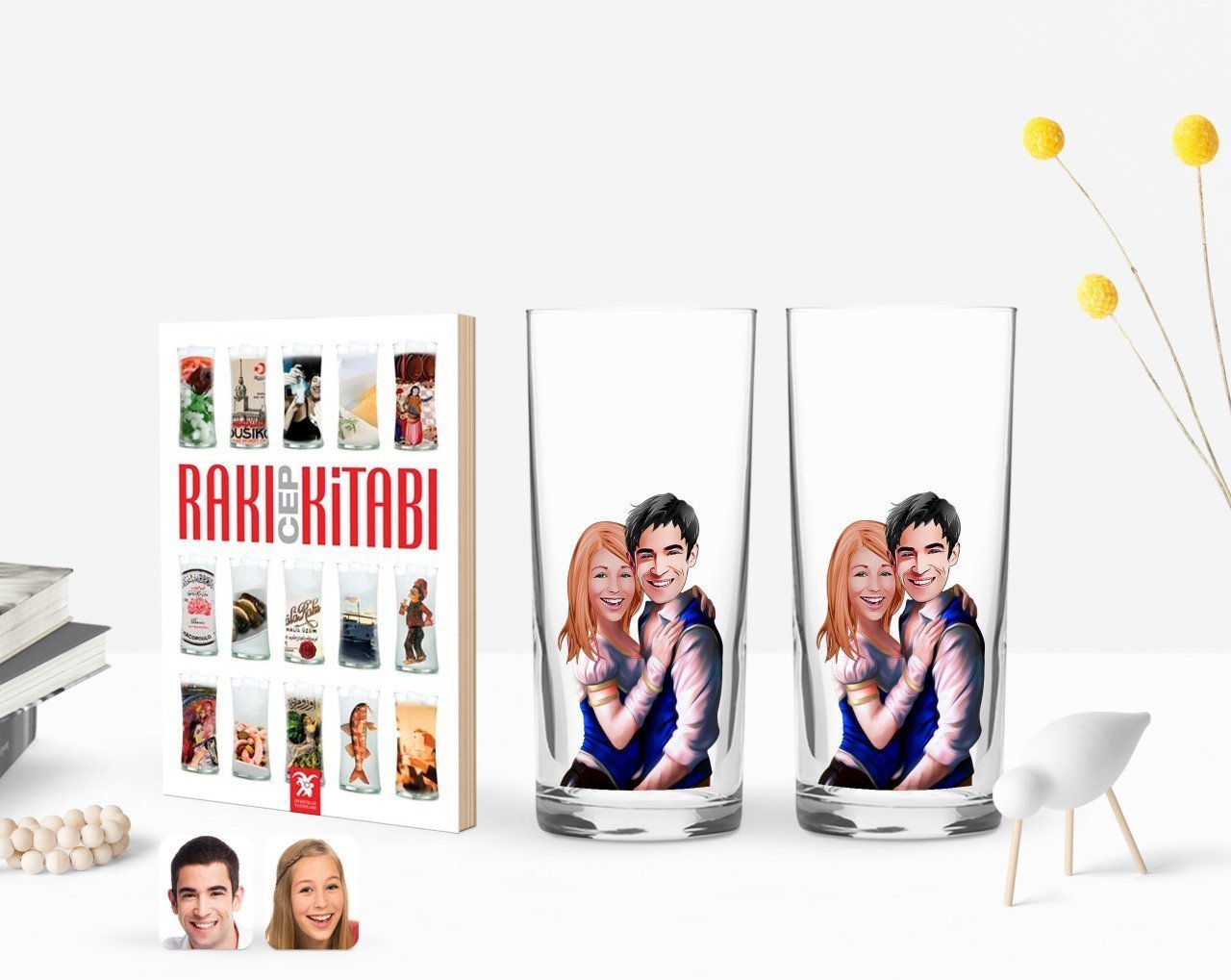 Kişiye Özel Renkli Baskılı Sevgililer Karikatürlü İkili Rakı Bardağı ve Rakı Cep Kitabı Hediye Seti-36
