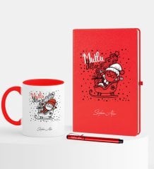 Kişiye Özel Yılbaşı Noel Baba Temalı Kırmızı Defter Kalem Kupa Seti - 5