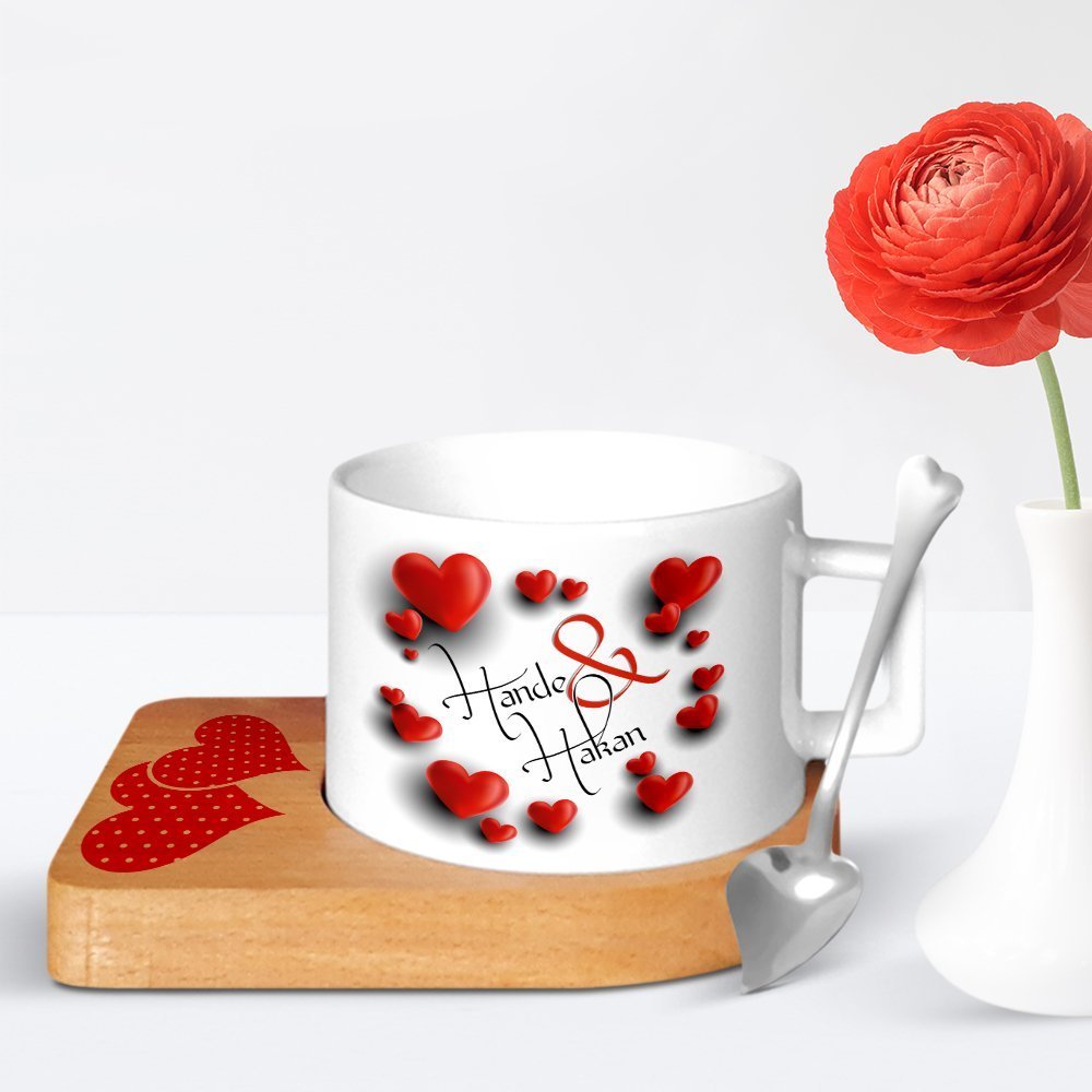 Kişiye Özel Sevgililer Günü Tasarımlı Ahşap Altlıklı Seramik Fincan - 21