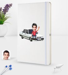 Kişiye Özel Plakalı Erkek Tofaş Doğan SLX Karikatürlü Beyaz Termo Deri Defter 16x24cm Model 1