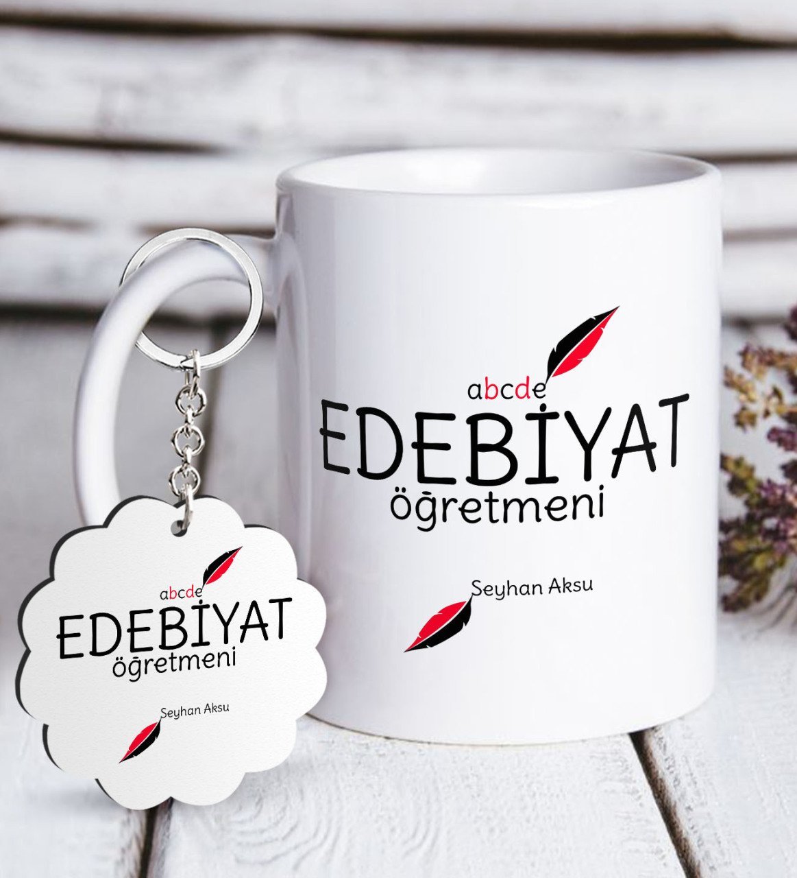 Kişiye Özel Edebiyat Öğretmeni Beyaz Kupa ve Anahtarlık Hediye Seti-5