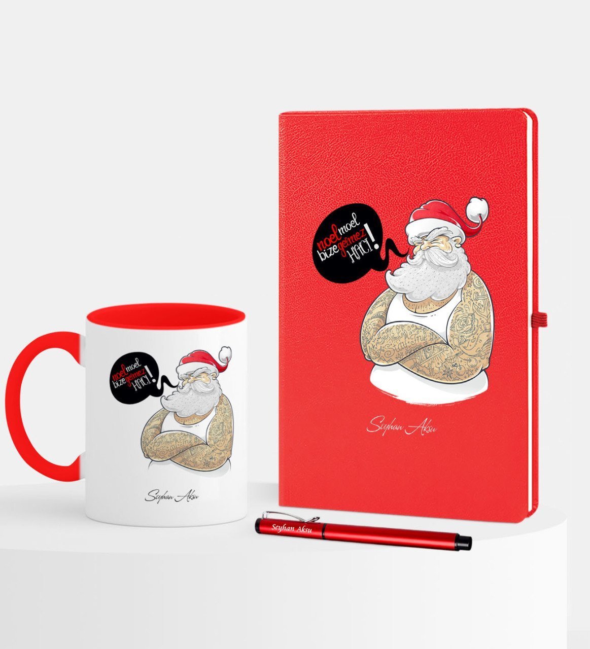 Kişiye Özel Yılbaşı Noel Baba Temalı Kırmızı Defter Kalem Kupa Seti - 4