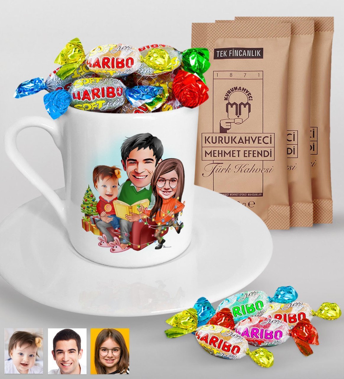 Kişiye Özel Yeni Yıl Aile Karikatürlü Türk Kahvesi Fincanı Mehmet Efendi Kahve ve Haribo Şeker Hediye Seti-2