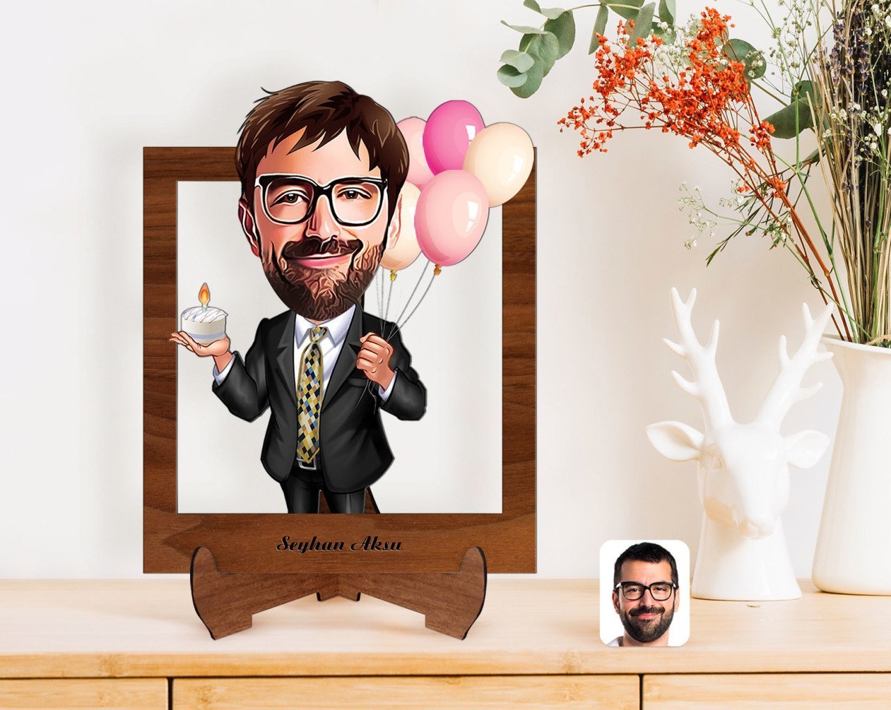 Kişiye Özel Erkek Doğum Günü Karikatürlü Ahşap Standlı 3D Biblo-3