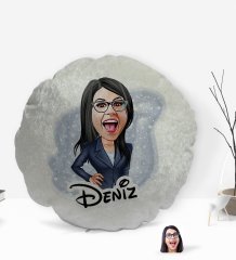 Kişiye Özel İsimli Kadın Patron Karikatürlü Yuvarlak Dekoratif Kırlent Yastık-4